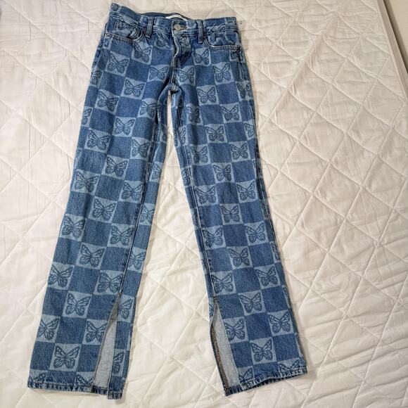 Pacsun Jeans‎ Womens 23 Blue Low Rise Straight Butterfly Print Denim Split Hem - Picture 1 of 12